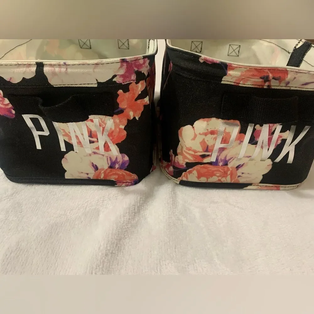 PINK VS HTF VINTAGE BLACK FLORAL STORAGE BIN TRUNK SET OF 2